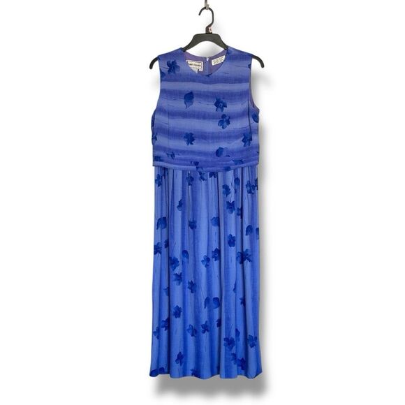 Vintage Karin Stevens Dress Womens 12 Blue Floral Sleeveless Rayon 90s - Picture 1 of 7